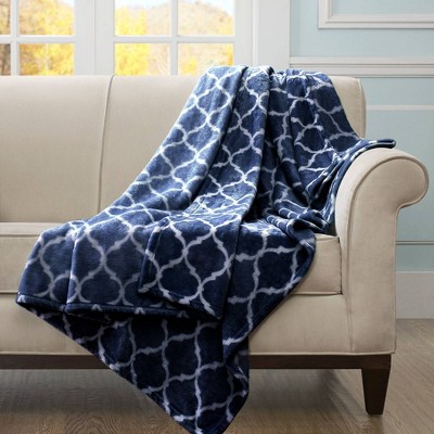 Indigo and White Oversized Plush Ogee Throw Blanket