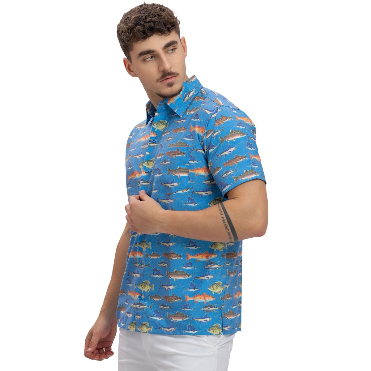 HAPPY BAY Mens Short Sleeve Button Down Casual Beach Shirt XXL Saltwater Fish Blue - thumbnail 5