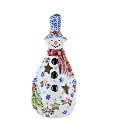 Blue Rose Polish Pottery Winter Bouquet Tall Snowman Luminary
