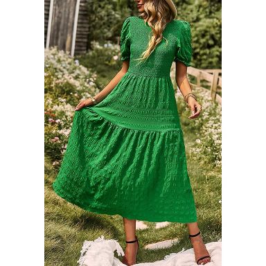 Women's Crew Neck Short Puff Sleeve Smocked High Waist Midi Dress Casual  Summer Ruffle Tiered A Line Maxi Dress Green : Target