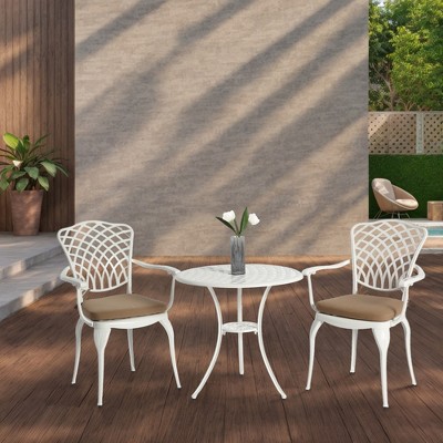 VYNXARIA 3 Piece Patio Bistro Set Cast Aluminum Bistro Table and Chairs Set of 2 with Umbrella Hole,White