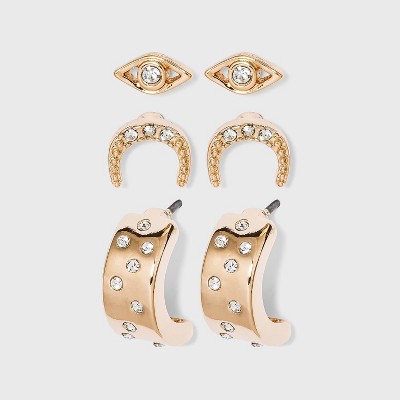 Evil Eye Stud and Cubic Zirconia Studded Hoop Earring Set 3pc - A New Day™ Gold