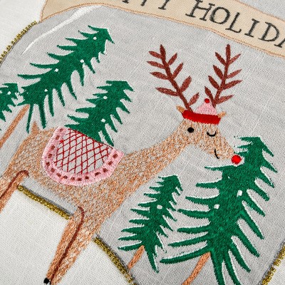 Embroidered White and Red Christmas Reindeer Throw Pillow