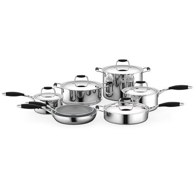 Camco 7 Piece Stainless Steel Cookware Nesting Pots and Pans Set w/Lids,  Detachable Handles & Storage Strap for Camping, Tailgating, and RV
