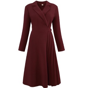 INSPIRE CHIC Women's Notch Lapel Wrap Neck Long Sleeve A-Line Midi Pleated Dress - 1 of 4