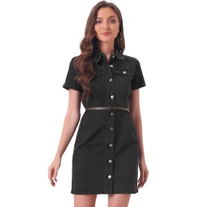 Allegra K Women's Collar Roll Up Short Sleeve Belted Button-Up Denim Shirt Dresses - 1 of 4