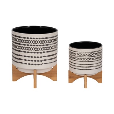 Sagebrook Home 2pc Aztec Ceramic Indoor Outdoor Planter Pots with Stands Gray