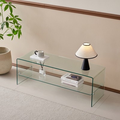 Tempered Glass Minimalist TV Stand with Transparent Finish, Rounded Corners for Living Room or Bedroom