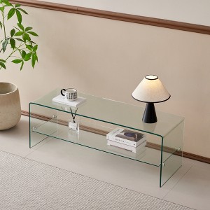 Tempered Glass Minimalist TV Stand with Transparent Finish, Rounded Corners for Living Room or Bedroom - 1 of 4