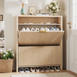 Anegl Sar Fluted Shoe Cabinet with 2 Flip Drawers & Open Shelf, Space-Saving Entryway Storage with Gold Handles, Wood - 1 of 4