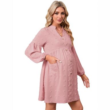 Coolmee Women's Maternity Midi Dress V Neck Long Sleeve Button Loose Pregnant Flowy Dress with Pocket L Dark Pink