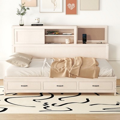 1pc Wooden Daybed, Solid Wood Frame with USB Ports and 3 Storage Drawers, No Box Spring Required - Baofuwish