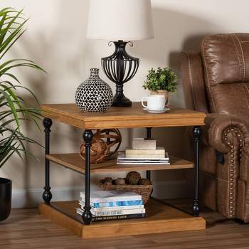 Baxton Studio Sebastian Traditional Industrial Oak Brown Finished Wood and Black Metal 3-Tier End Table