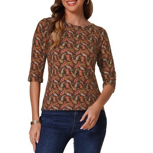 INSPIRE CHIC Women's Elbow Sleeves Boat Slim Fit Casual Stripe Animal Print Multi Floral Pattern T-Shirt - 1 of 4