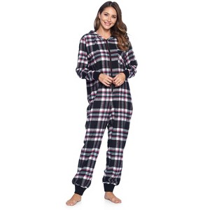 Ashford & Brooks Women's Flannel Hooded One Piece Pajama Union Jumpsuit - 1 of 4