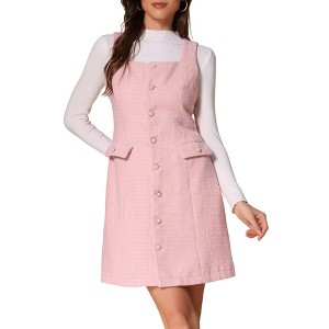 Allegra K Women's Tweed Sleeveless Square Neck Button Up A-Line Pinafore Overall Dress - 1 of 4