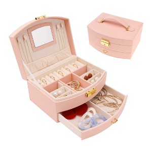 Unique Bargains 2 Layer PU Leather Storage Display Holder Jewelry Box with Mirror and Removable Jewelry Tray - 1 of 4