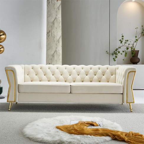 87''beige Modern Long Sofa,velvet Couch,button Tufted Chesterfield Sofa With Scroll Arms,luxury ...