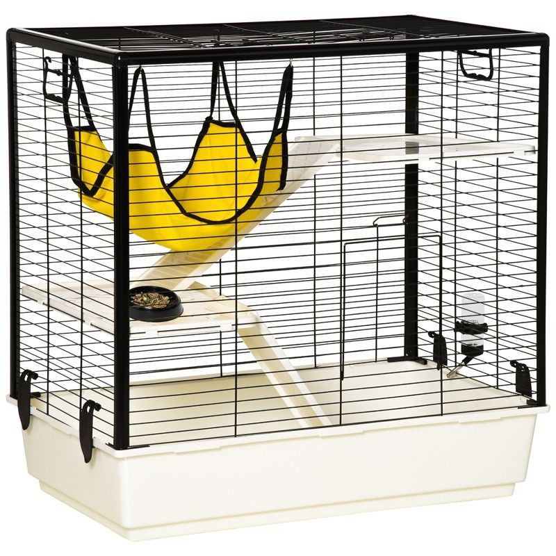 PawHut Small Animal Cage Habitat Indoor Pet Play House for Guinea Pigs Ferrets Chinchillas, With Hammock Balcony Ramp Food Dish, Yellow, 1 of 7