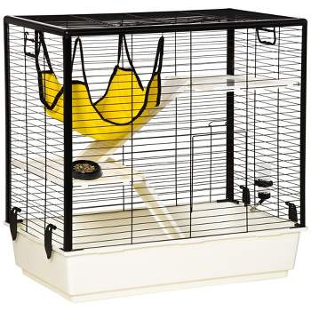 PawHut Small Animal Cage Habitat Indoor Pet Play House for Guinea Pigs Ferrets Chinchillas, With Hammock Balcony Ramp Food Dish, Yellow