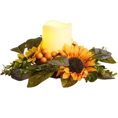 The Lakeside Collection Sunflower Welcome Sign LED Candle With Ring Or Storage 2 Piece Set - LED Candle Wreath