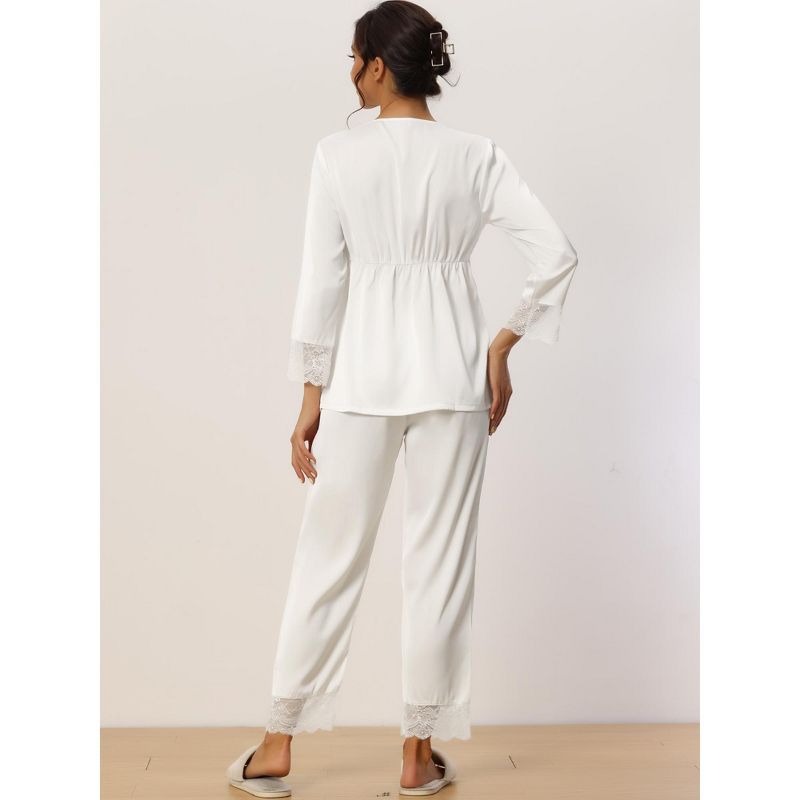 cheibear Womens Loungewear Silky Long Sleeve Top with Pants Pajamas Sets, 3 of 6