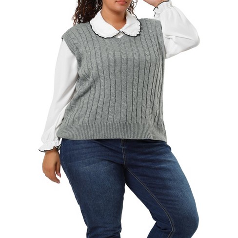 Agnes Orinda Women's Plus Size V Neck Knit Sleeveless Pullover Sweater  Vests Gray 4X