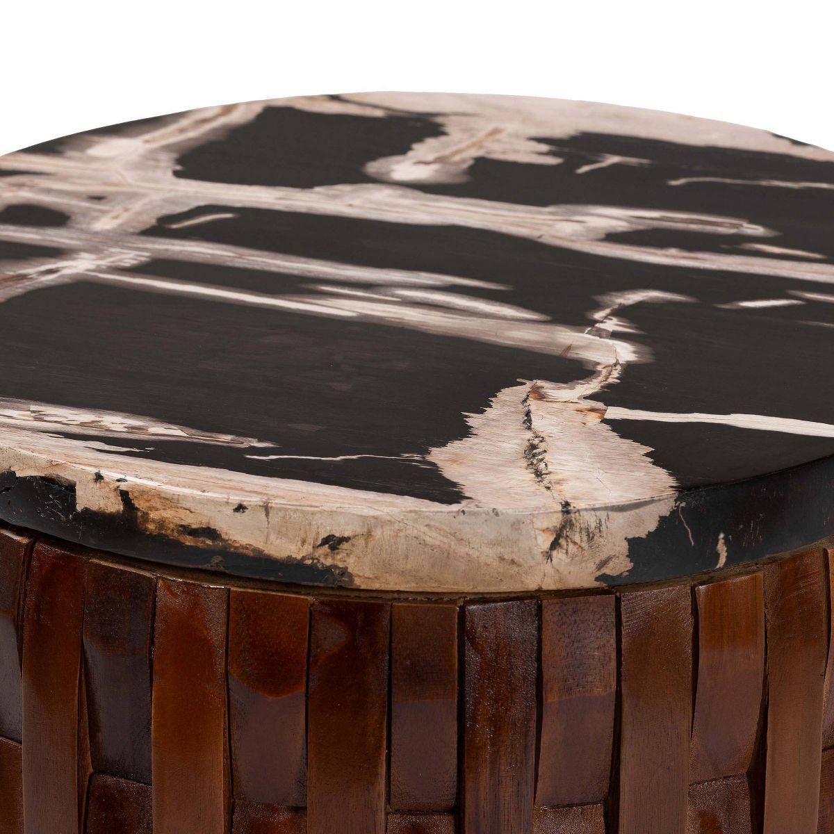 bali & pari Lavanya End Table with Petrified Wood Top Teak Wood Frame Black/Cream/Brown - thumbnail 2