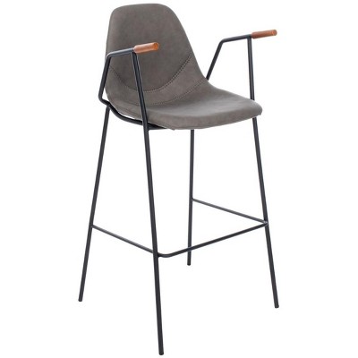 Ash Gray Leather and Metal Mid Century Bar Stool