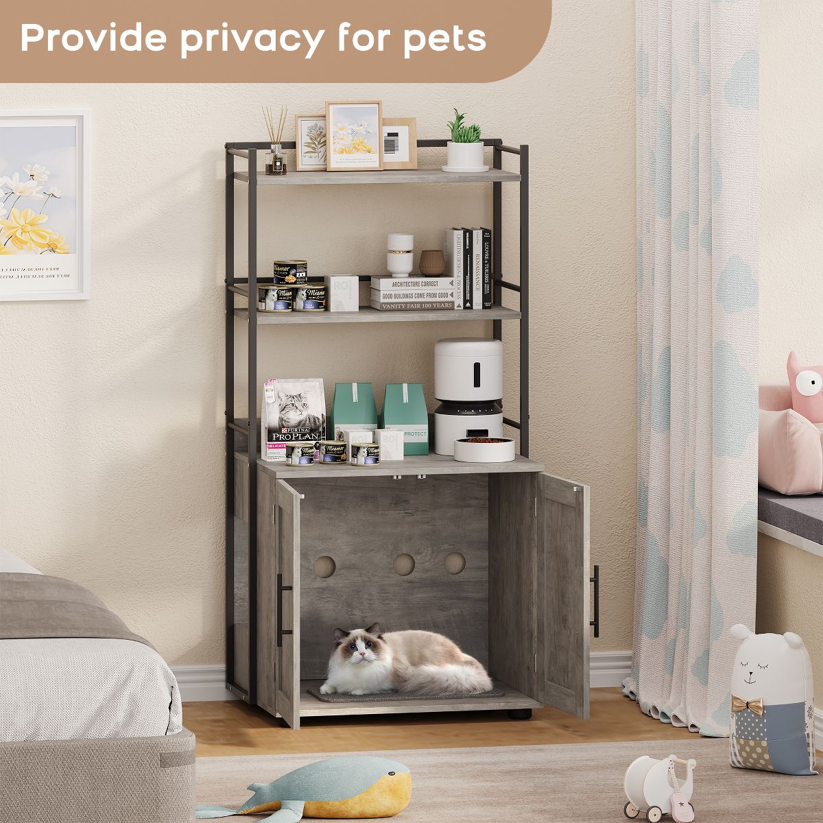 Cat Litter Box Enclosure with Storage Shelves, 2-in-1 Hidden Furniture Cabinet for Indoor Cat House with Door, Grey - thumbnail 4