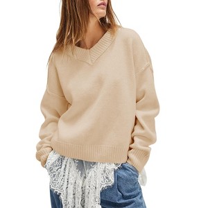 Women's V Neck Sweaters Long Sleeve Oversized Loose Pullover Ribbed Knit Sweater Tops - 1 of 4