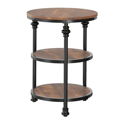 Round Side Table with Three Shelves Brown Elegant Coffee Table for Small Spaces High Load Capacity Easy to Assemble