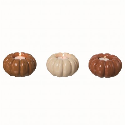 Transpac Ceramic Brown Harvest Pumpkin Tea Light Holder Set of 3