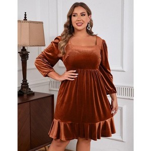 Coolmee Women Square Neck Long Lantern Sleeve Elastic Waist Ruffle Flowy A-Line Mini Velvet Dress - 1 of 4