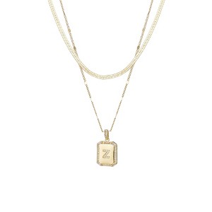 Adornia 14k Gold Plated Pave Tag Pendant and Herringbone Chain Necklace Set - 1 of 2