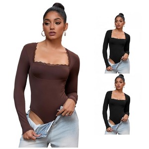 INSPIRE CHIC 3 Pcs Women's Lace Square Neck Long Sleeve Tummy Control Body Shapers - 1 of 4
