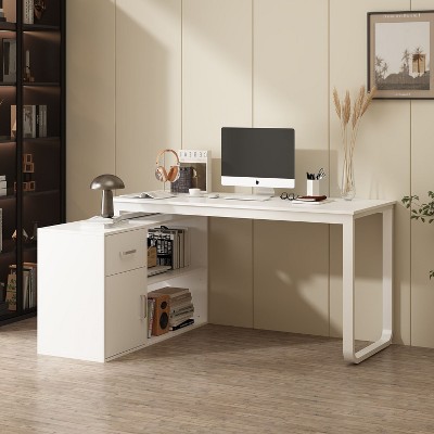 FUFU&GAGA White L - shaped Rotatable Computer Desk with Shelves and Drawers