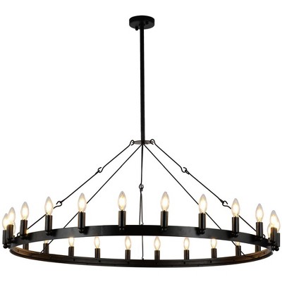 Dewdrop Farmhouse 48" Black 24-Light Wagon Wheel Round Wrought Iron Chandelier