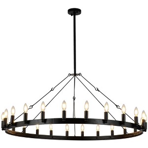 Dewdrop Farmhouse 48" Black 24-Light Wagon Wheel Round Wrought Iron Chandelier - 1 of 4