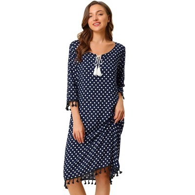 Allegra K Women's Tassel Pajama Dress Sleepwear 3/4 Sleeve Polka Dots Midi Nightdress