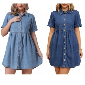 INSPIRE CHIC Women's Denim Short Sleeve Button Down Turndown Collar Babydoll Mini Shirt Dresses 2 Packs - 1 of 4