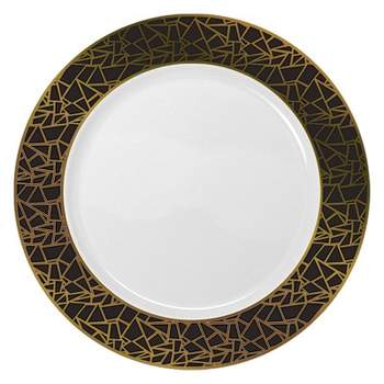 Smarty Had A Party 10.25" White with Black and Gold Mosaic Rim Round Plastic Dinner Plates (120 Plates)