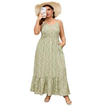 Whizmax Women Plus Size Maxi Dress V Neck Spaghetti Strap Tiered Casual Summer Beach Long Flowy Sundress with Pockets