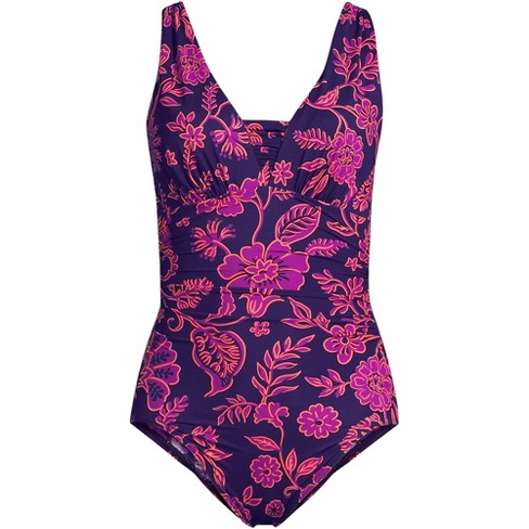 Lands' End Women's SlenderSuit Grecian Tummy Control Chlorine Resistant One  Piece Swimsuit - 8 - Blackberry Ornate Floral