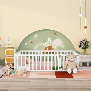 CAVINAS Twin/Full/Queen Size Kids Montessori Bed with Door,Versatile Floor Bed with Fence  for Bedroom Playroom,Walnut/White/Gray/Brown - 1 of 4