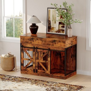 Famapy Rustic Farmhouse Dog Crate,Sliding Barn Doors & 2 Drawers,Ventilated Metal mesh,Dog Pet Furniture,Double Space for Two Small Dogs - 1 of 4