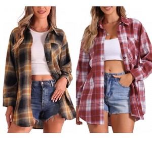 INSPIRE CHIC Women's Vintage Plaid Flannel Long Sleeve Button Down Collar With Pocket Casual Shirts 2 Packs - 1 of 4