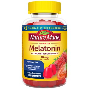 Nature Made Melatonin 10mg per serving Gummies, Maximum Strength Dosage, 100% Drug Free Sleep Aid for Adults, 60 Melatonin Gummies, 30 Day Supply - 1 of 4