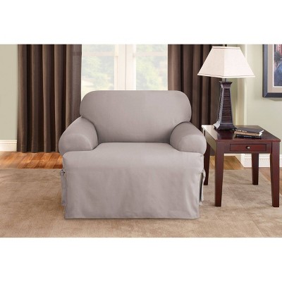 Gray Cotton T-Cushion Chair Slipcover with Elastic Closure
