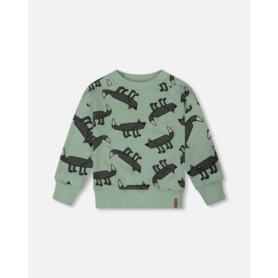 Deux par Deux Boy Printed Pullover French Terry Sweatshirt Gray Wolf on Teal Background